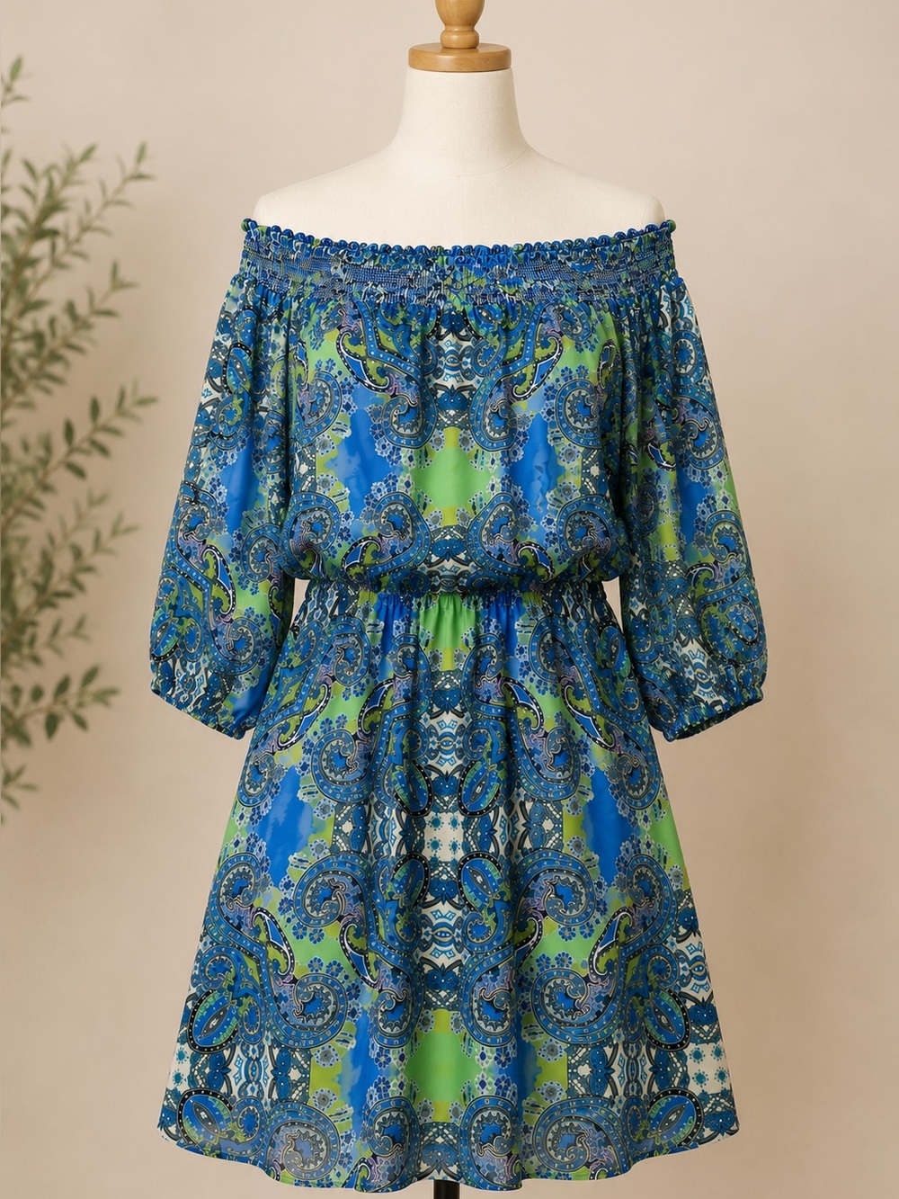 Eliza J Paisley Smocked Off Shoulder Dress Size 12 Blue Green Boho